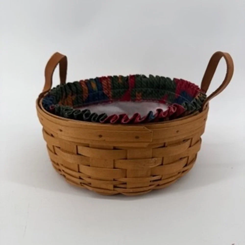 Longaberger 1993 Handwoven Round Basket Leather Handles Southwestern Liner USA